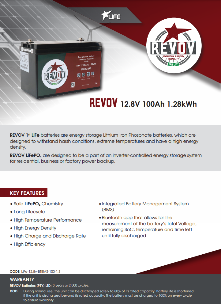 REVOV 12.8V 100Ah 1.28kWh Lithium-ion Phosphate (LiFePO4) Battery (1st Life)